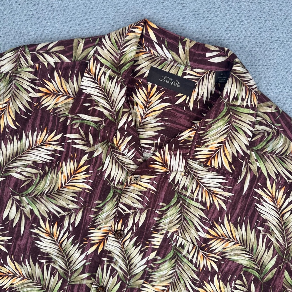 Tasso Elba Camp Shirt Mens XL Burgundy Silk Tropical Palm Leaf AOP Short Sleeve‎